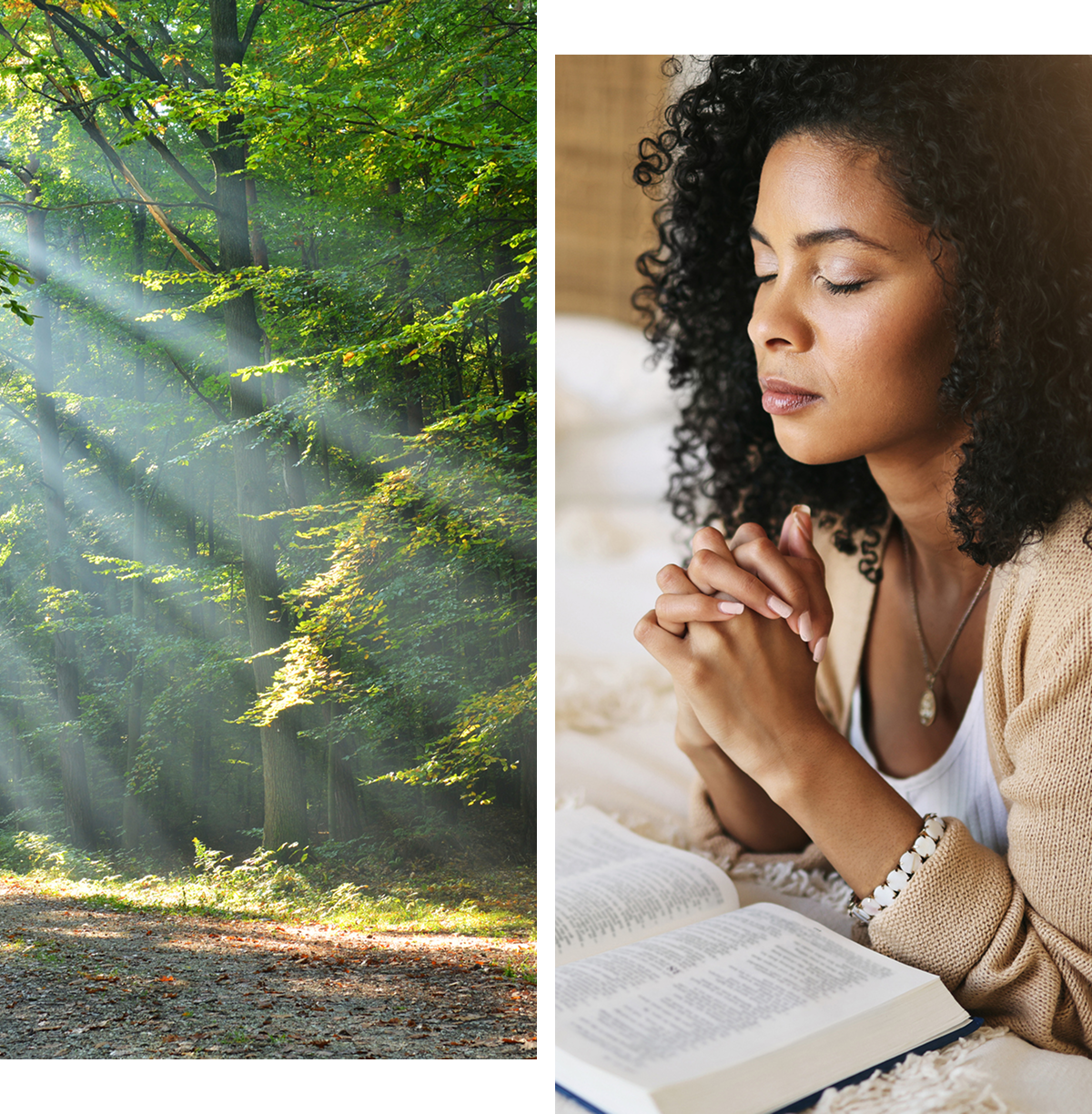 Sunlit forest and woman praying indoors.