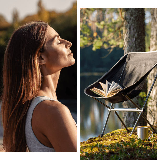 Woman relaxing outdoors; chair with book.