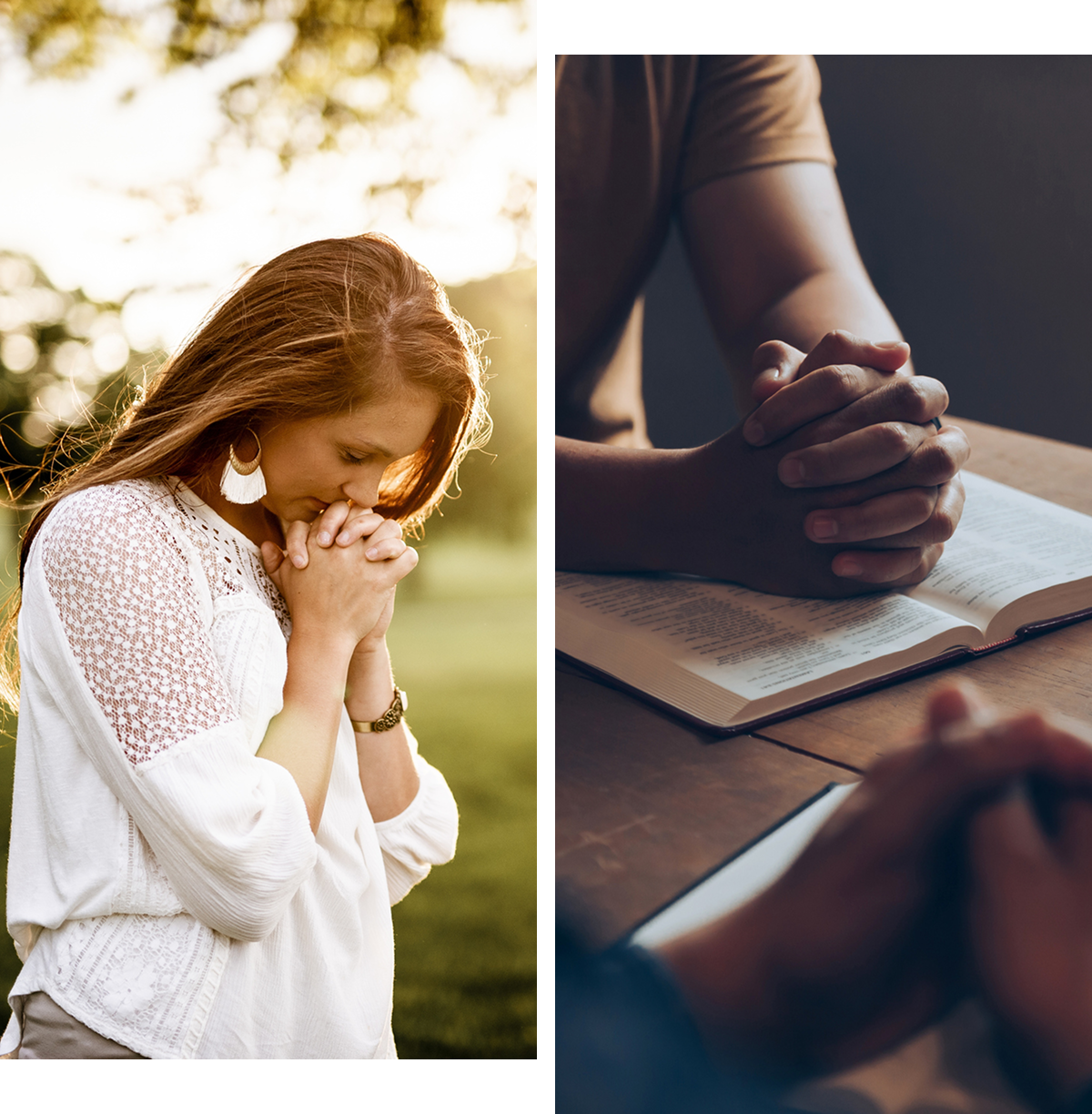 People praying in different settings, outdoors, indoors.